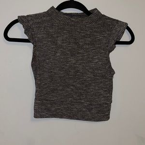 Gray cropped top with ruffle sleeve